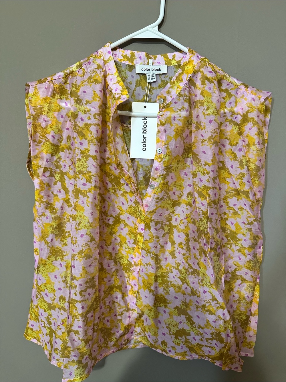 Color Block Floral Sleeveless Blouse in Pink & Mustard